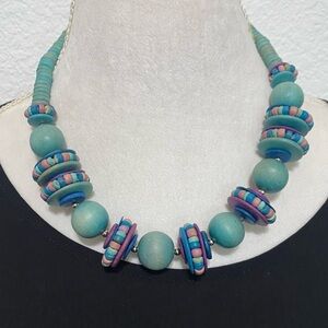 Retro Wooden Colorful Beaded Necklace Wood 80s